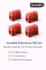 Sandıklı Kalemtraş Kırmızı 4’lü Set | Renkli Kalemtraş | Dökülmez Tasarım | Okul & Ofis Kullanımı
