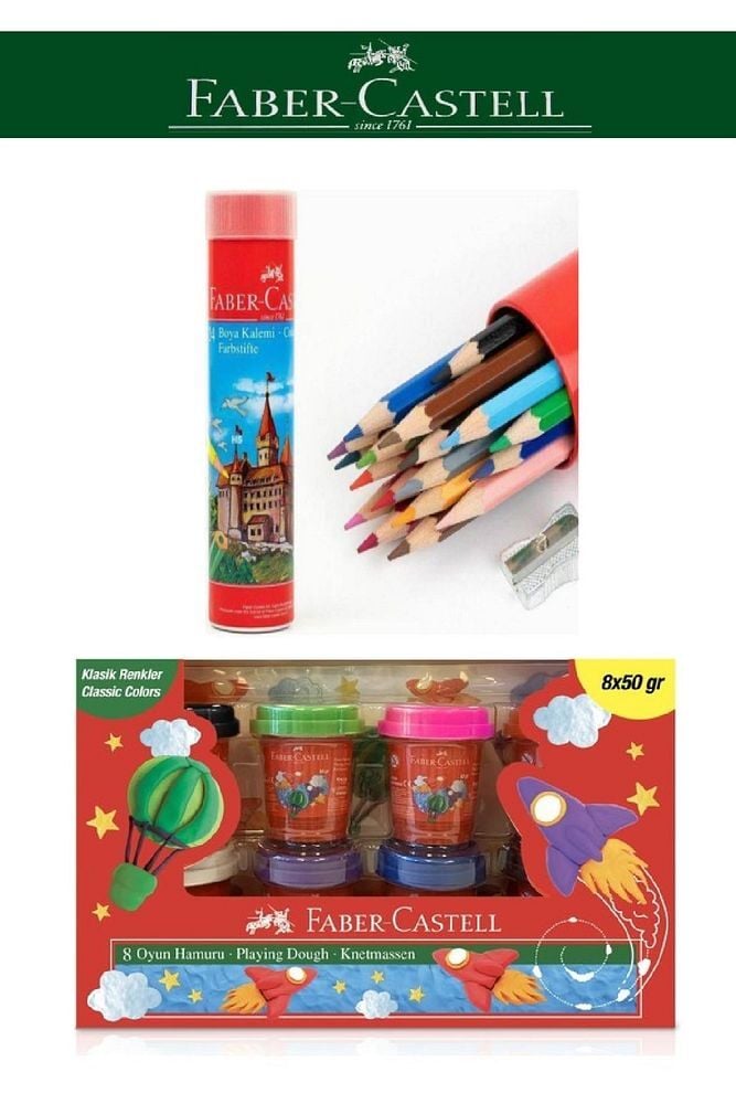 Faber-Castell Oyun Hamuru 50G x 8 Klasik Renkler + 24lü Kuru Boya Teneke