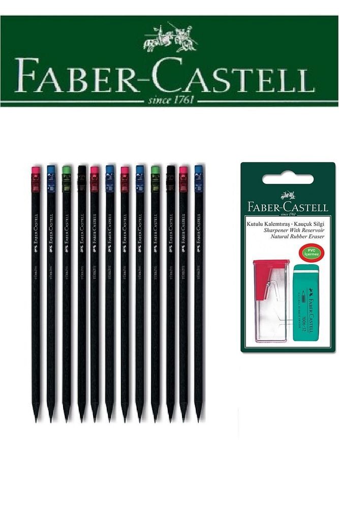 Faber-Castell 12'li Siyah Lata Kurşun Kalem ve Kutulu Kalemtıraş+Silgi Seti Blister