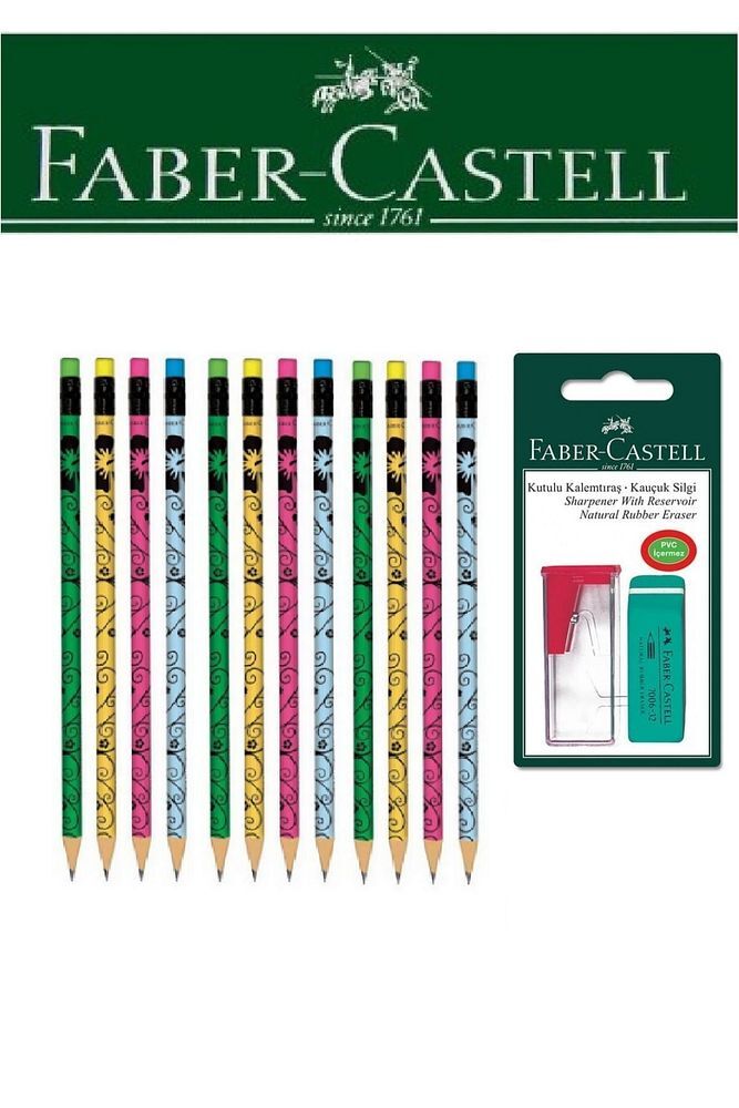 Faber-Castell 12'li Flowers Kalem ve Kutulu Kalemtıraş+Silgi Seti Blister