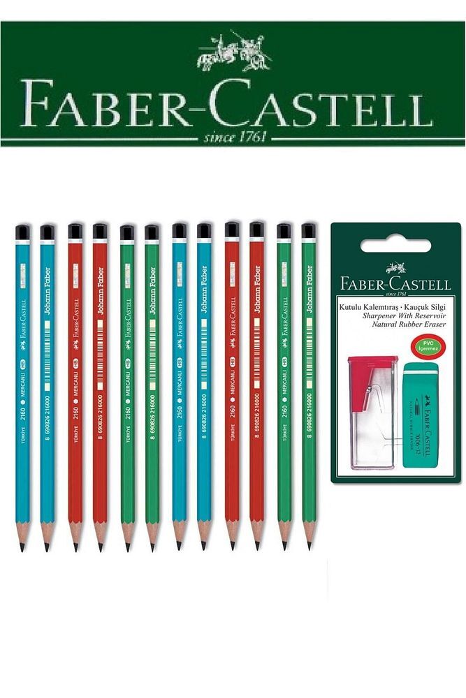 Faber-Castell 12'li Mercanlı Kurşun Kalem ve Kutulu Kalemtıraş+Silgi Seti Blister