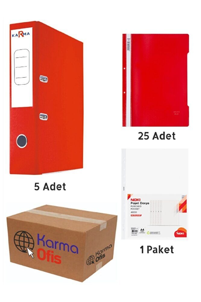 Kırmızı Renk Geniş Büro Klasörü Telli Dosya ve Poşet Dosya Seti 1