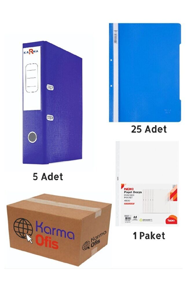 Mavi Renk Geniş Büro Klasörü Telli Dosya ve Poşet Dosya Seti 1