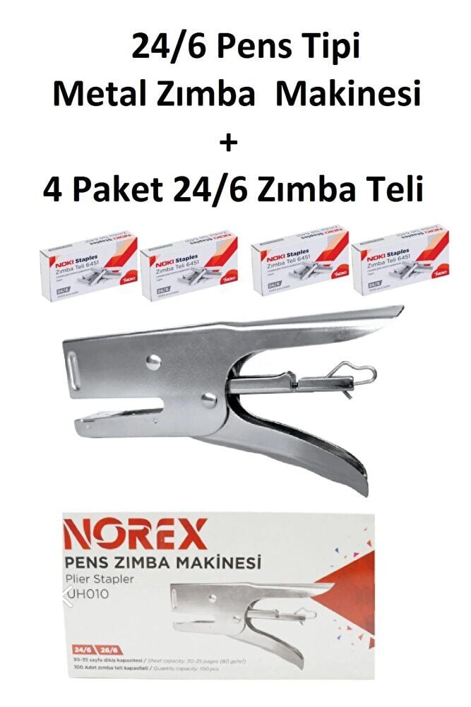 Metal Pens Tipi Zımba Makinesi 24/6 + 4 Paket Gümüş Zımba Teli