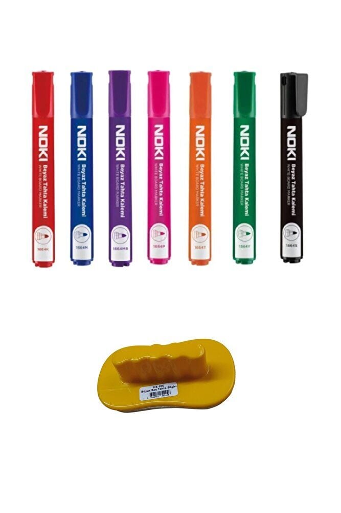 7 Farklı Renkte Beyaz Tahta Kalemi + 1 Adet Tahta Silgisi