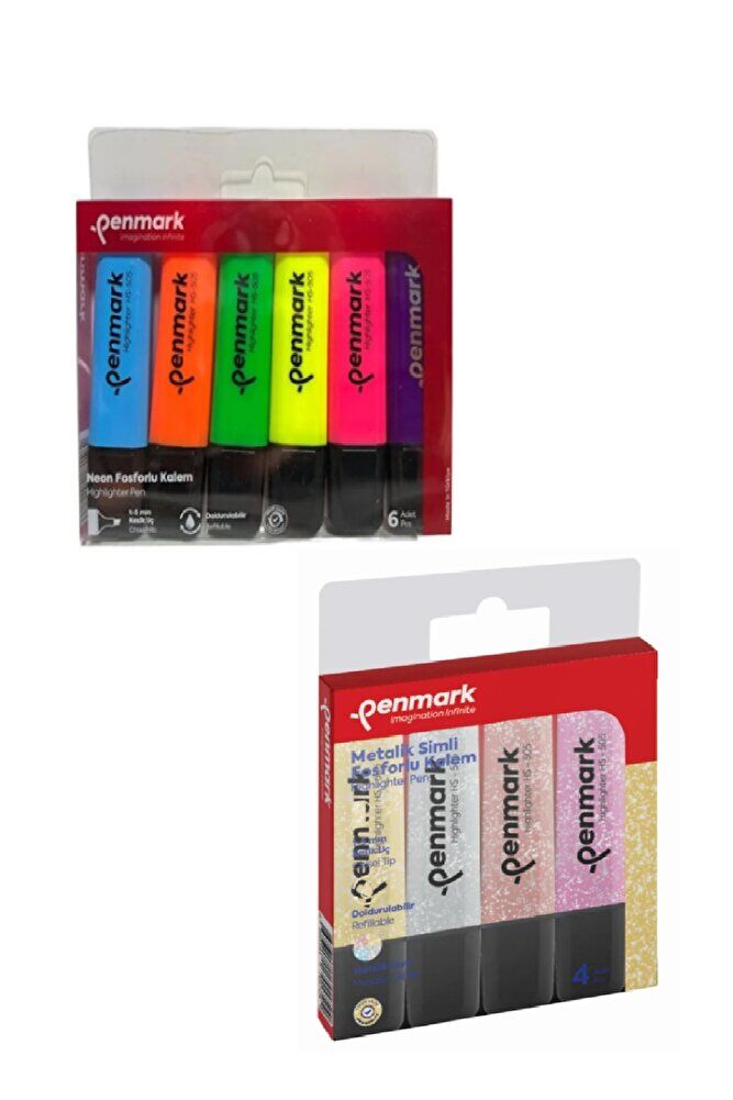 6lı Neon Fosforlu Kalem + 4lü Simli