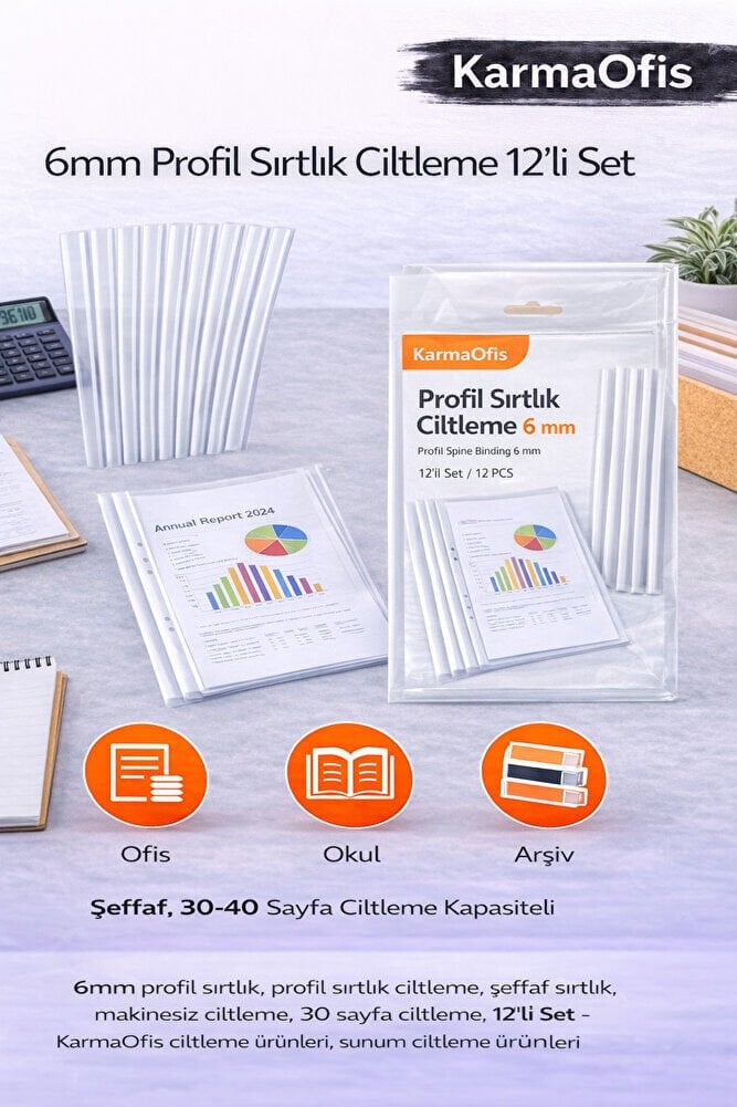 6mm Profil Sırtlık Ciltleme 12’li Set – Şeffaf, 30–40 Sayfa Ciltleme Kapasiteli