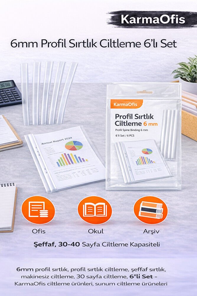 6mm Profil Sırtlık Ciltleme 6’lı Set – Şeffaf, 30-40 Sayfa Ciltleme Kapasiteli