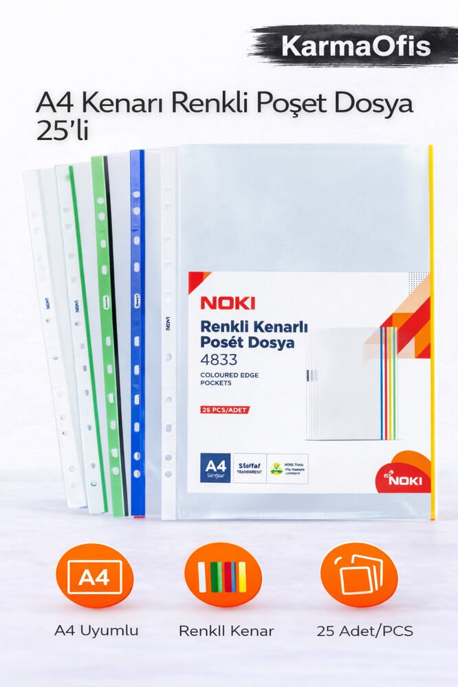 A4 Kenarı Renkli Poşet Dosya 25’li – Şeffaf PP Evrak Koruyucu Dosya
