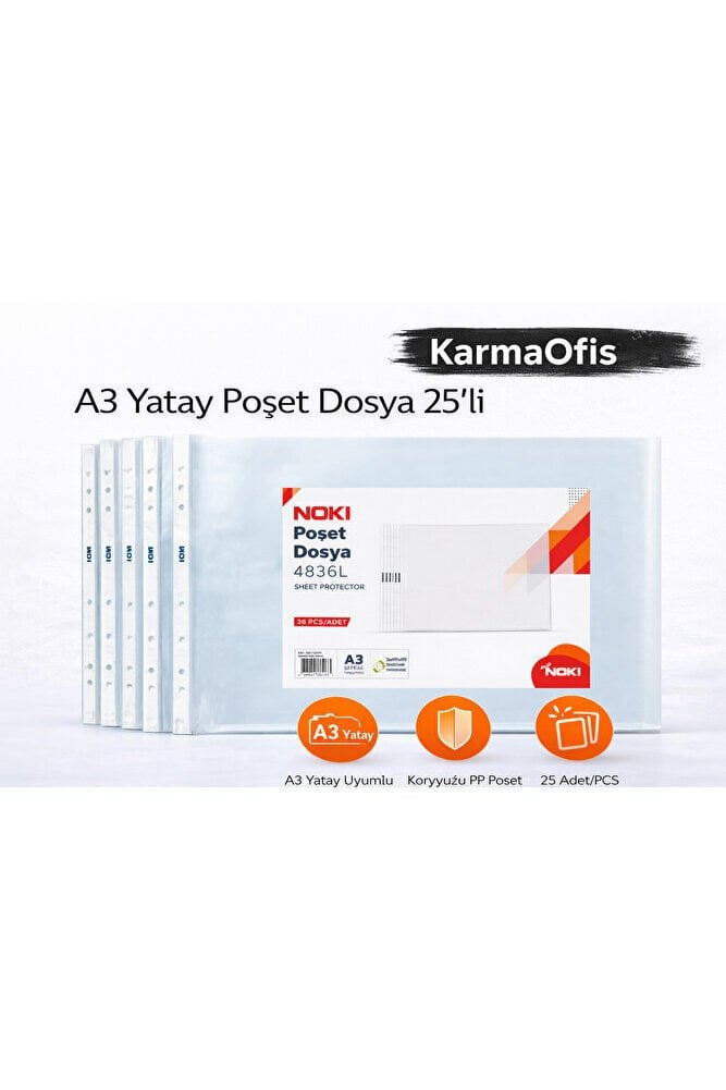 A3 Yatay Poşet Dosya 25’li – Şeffaf PP Geniş Evrak Koruyucu Dosya
