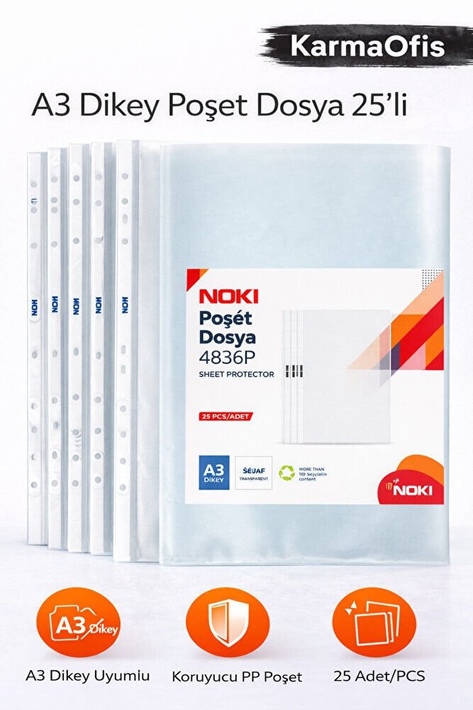 A3 Dikey Poşet Dosya 25’li – Şeffaf PP Geniş Evrak Koruyucu