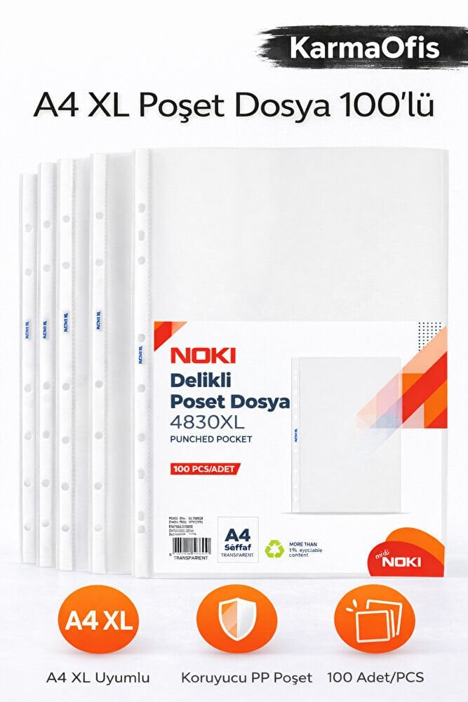 A4 XL Poşet Dosya 100’lü – Geniş Delikli Şeffaf PP Evrak Koruyucu