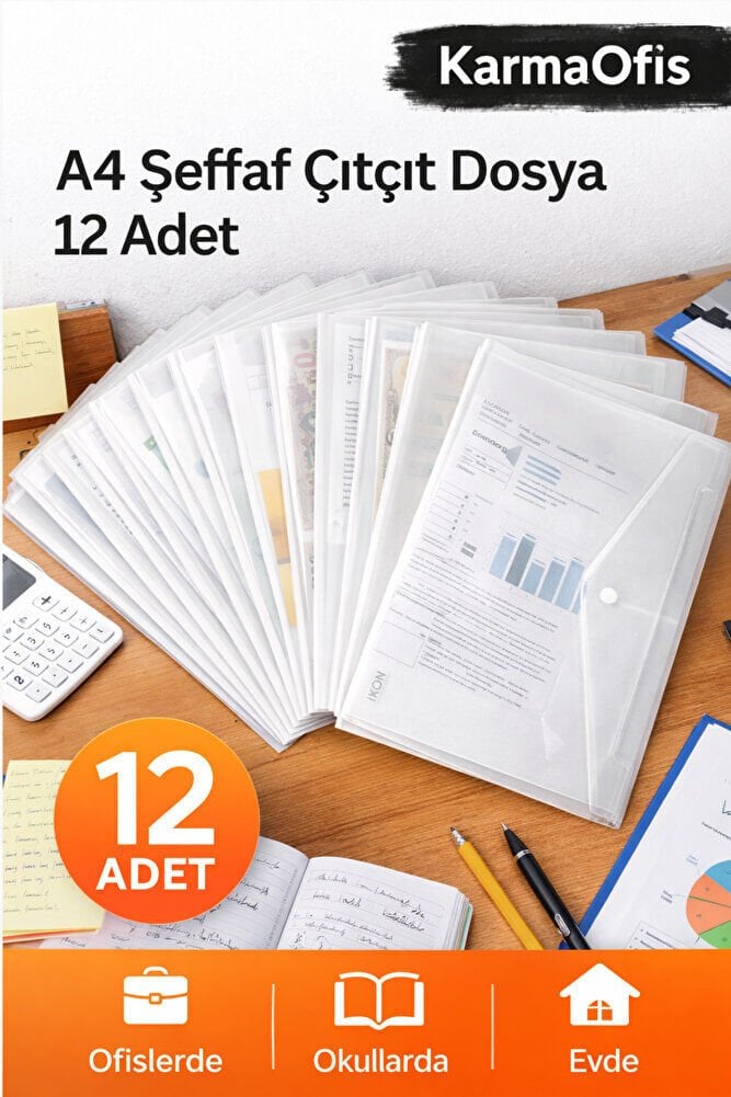A4 Şeffaf Çıtçıt Dosya 12 Adet – Çoklu Evrak Dosyası Seti