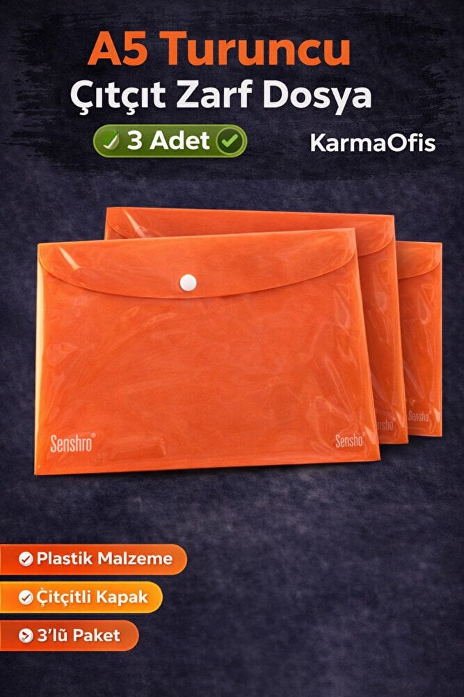 A5 Turuncu Çıtçıt Zarf Dosya 3 Adet – Plastik Evrak Dosyası