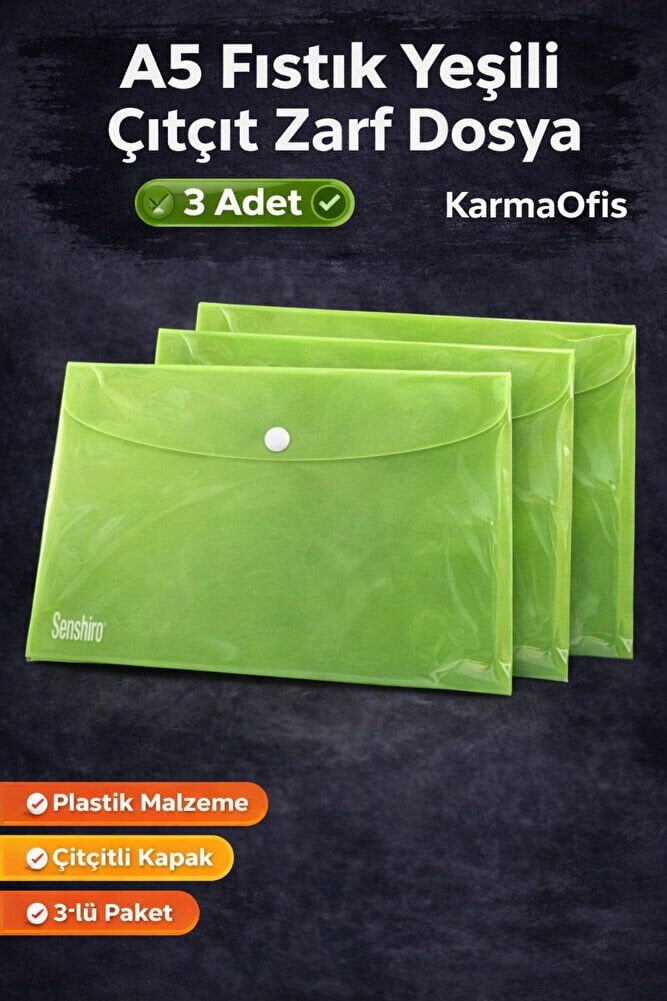 A5 Yeşil Çıtçıt Zarf Dosya 3 Adet – Plastik Evrak Dosyası