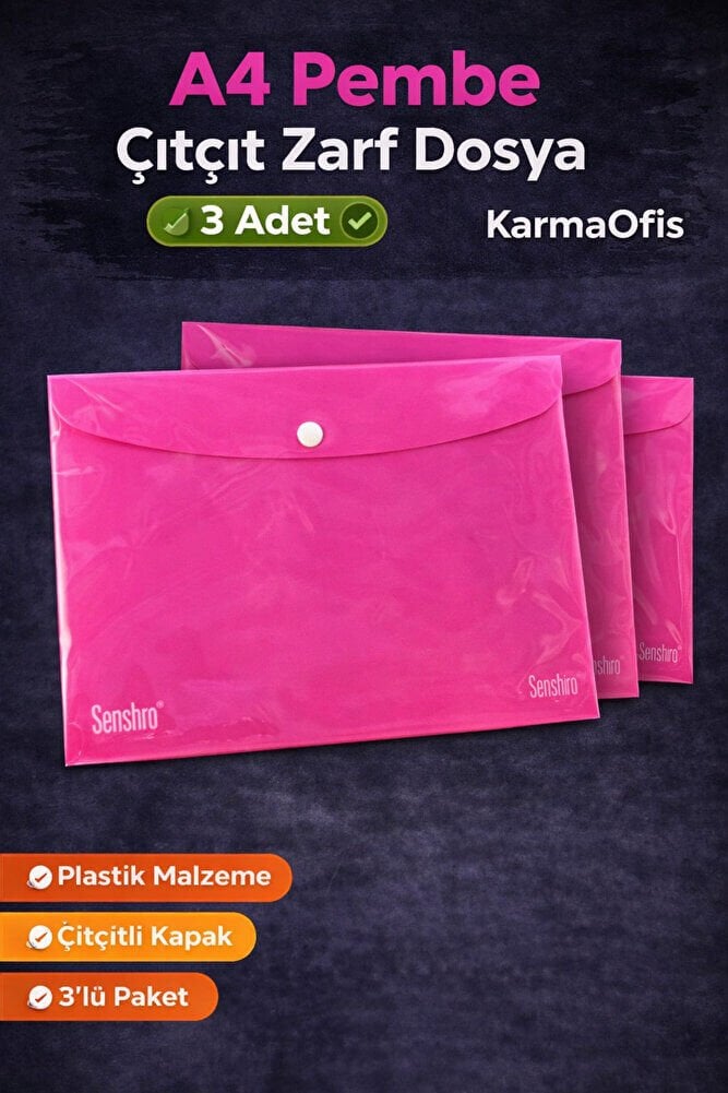 A4 Pembe Çıtçıt Zarf Dosya 3 Adet – Plastik Evrak Dosyası
