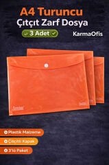 A4 Turuncu Çıtçıt Zarf Dosya 3 Adet – Plastik Evrak Dosyası
