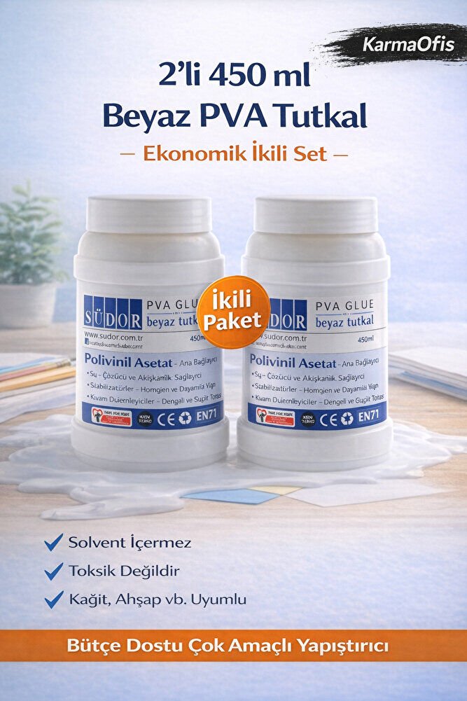 2’li Beyaz PVA Tutkal 450 ml | Ekonomik İkili Set, Çok Amaçlı Yapıştırıcı