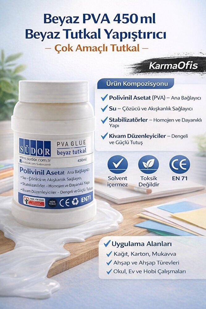 Beyaz PVA Tutkal 450 ml | Çok Amaçlı, Toksik İçermez, Güçlü Yapıştırıcı