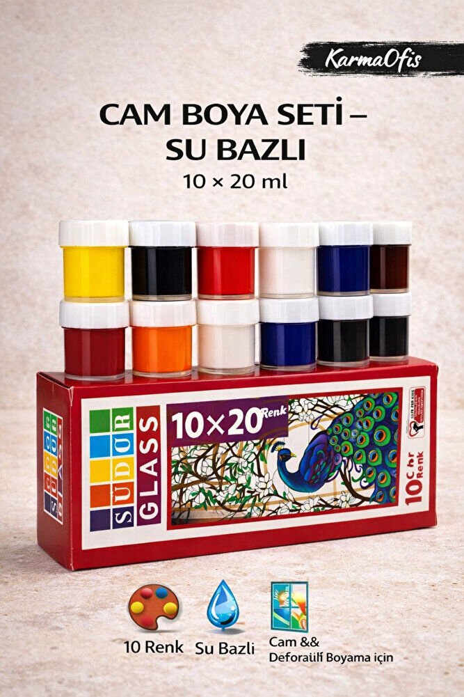 Cam Boya Seti Su Bazlı 10×20 ml | 10 Renk Dekoratif Cam Boyası