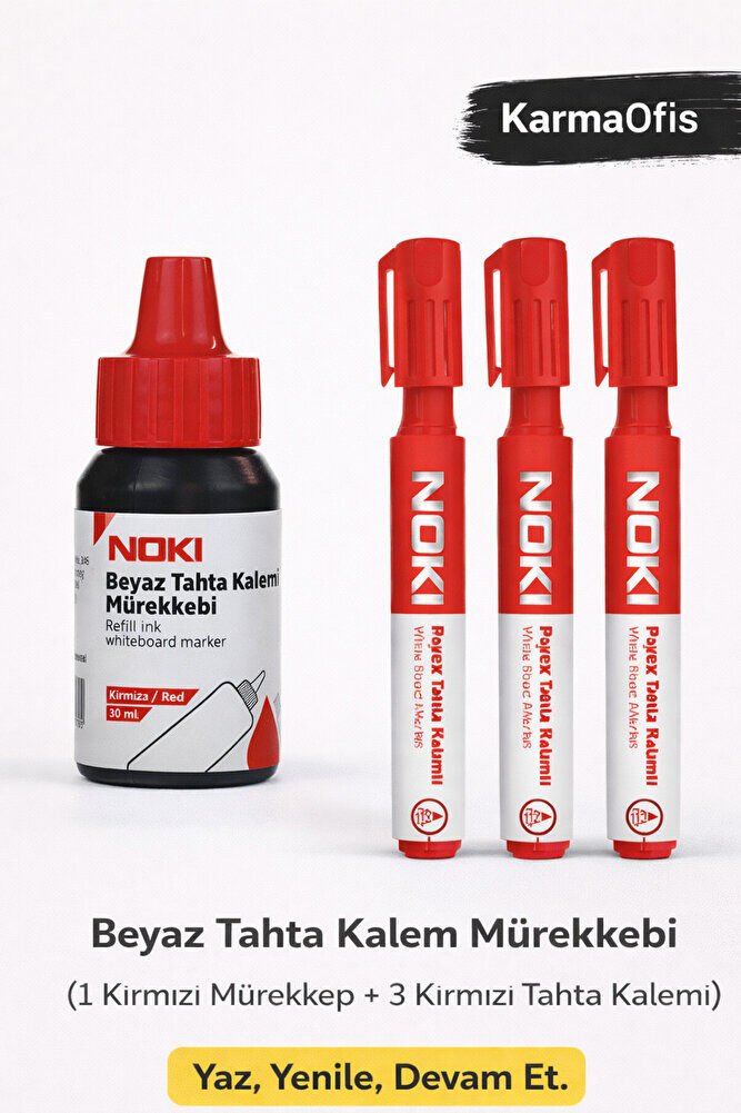 Kırmızı Tahta Kalemi + Mürekkep Seti (1 Mürekkep + 3 Kalem)