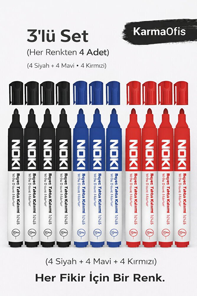 Beyaz Tahta Kalemi 12’li Set (4 Siyah + 4 Mavi + 4 Kırmızı)