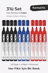 Beyaz Tahta Kalemi 12’li Set (4 Siyah + 4 Mavi + 4 Kırmızı)