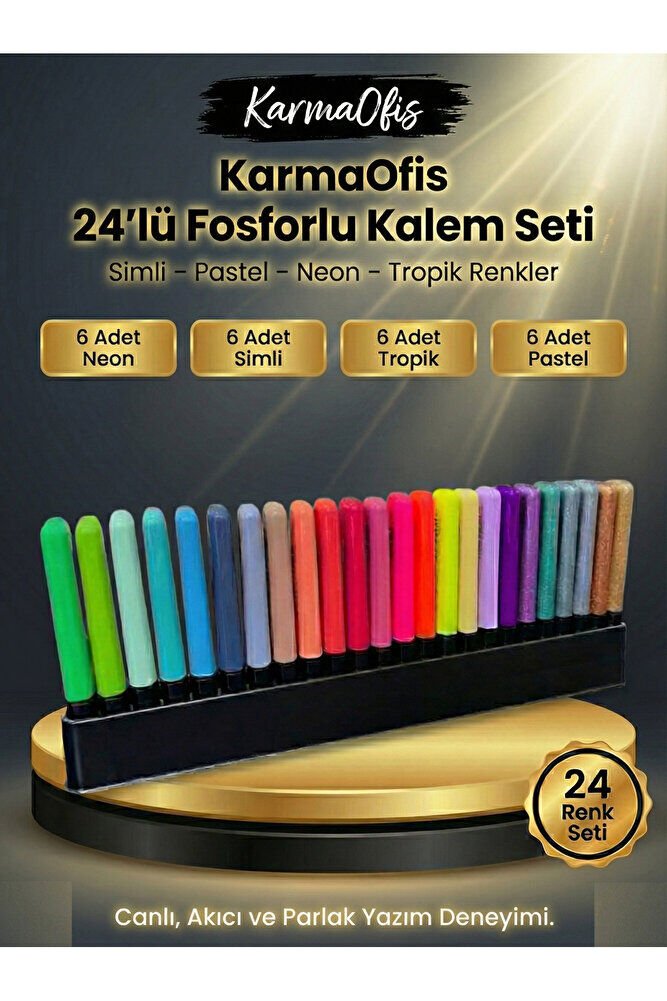 24'lü Özel Seri Masaüstü Stantlı Fosforlu Kalem Seti