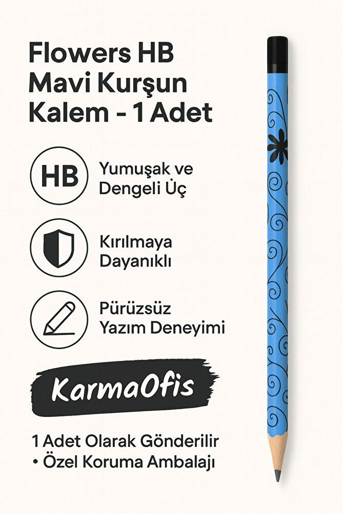 Flowers HB Mavi Kurşun Kalem – 1 Adet | Çiçek Desenli – HB Uç
