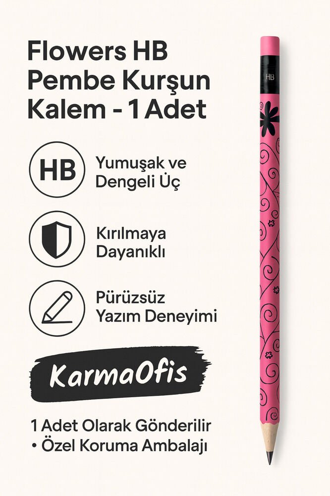 Flowers HB Pembe Kurşun Kalem – 1 Adet | Çiçek Desenli – HB Uç