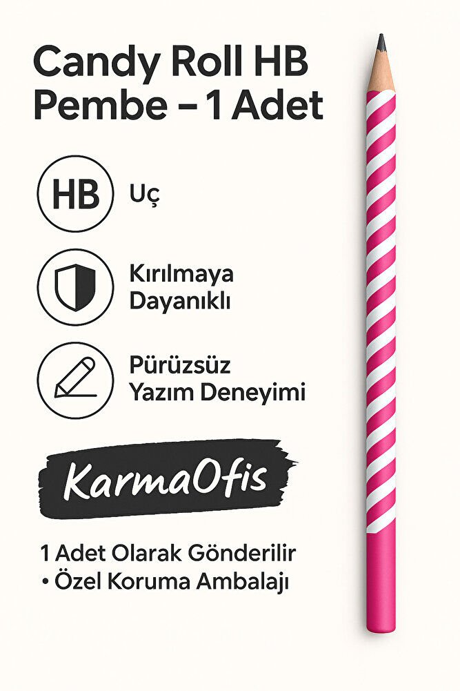 Candy Roll HB Pembe Kurşun Kalem – 1 Adet | Şerit Desenli – HB Uç