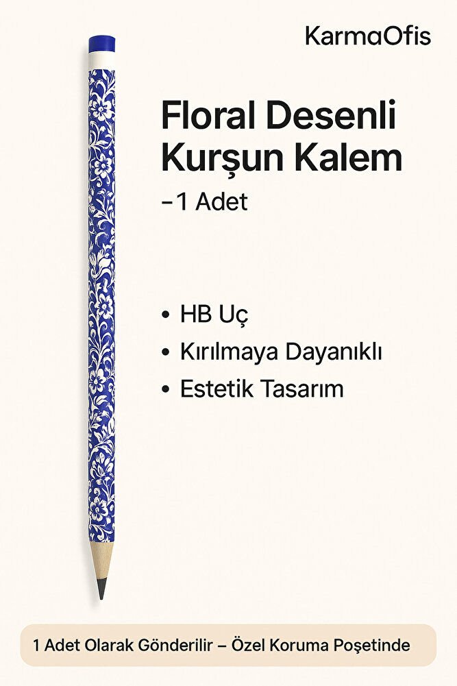 Floral Desenli Kurşun Kalem 1 Adet – 2B Yazım – Şık Desenli Kalem | Mavi