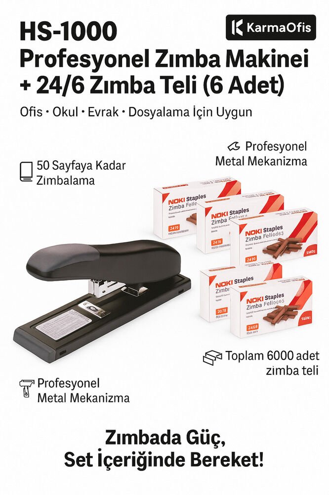 HS-1000 Profesyonel Zımba Makinesi + 24/6 Zımba Teli 6’lı Set • 6000 Adet Zımba • Ofis Tipi