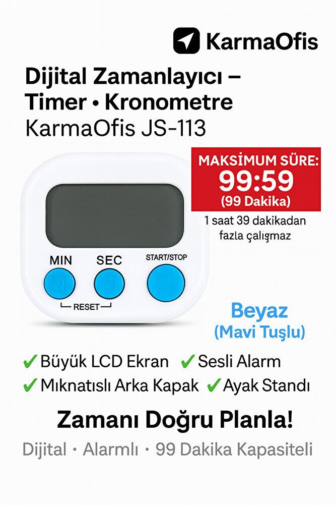 Dijital Kronometre Beyaz • Mavi Tuşlu • 99 Dakika Alarmlı Timer • Büyük LCD