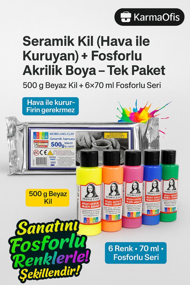 Seramik Kil 500 g + Fosforlu Akrilik Boya Seti 6×70 ml – Hobi Modelleme & Boyama Seti