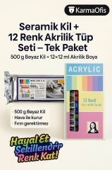 Seramik Kil 500 g + 12 Renk Akrilik Tüp Seti – Başlangıç Modelleme Boyama Seti