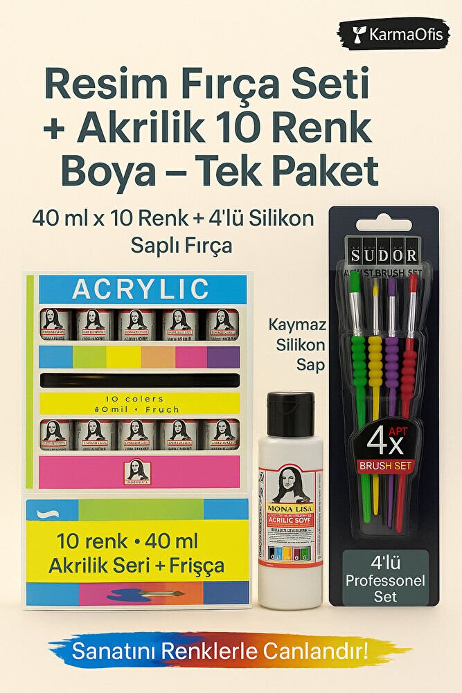 Silikon Saplı 4’lü Fırça Seti + Akrilik Boya 10 Renk x 40 ml – Resim ve Hobi Boyama Seti