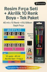 Silikon Saplı 4’lü Fırça Seti + Akrilik Boya 10 Renk x 40 ml – Resim ve Hobi Boyama Seti