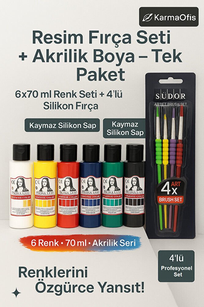 Silikon Saplı 4’lü Fırça Seti + Akrilik Boya Seti 6×70 ml – Resim ve Hobi Boyama Seti