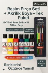 Silikon Saplı 4’lü Fırça Seti + Akrilik Boya Seti 6×70 ml – Resim ve Hobi Boyama Seti