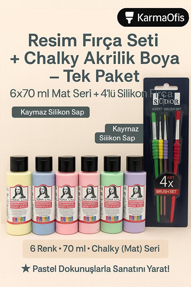 Resim Fırça Seti Silikon Saplı 4’lü + Chalky Akrilik Boya Seti 6×70 ml