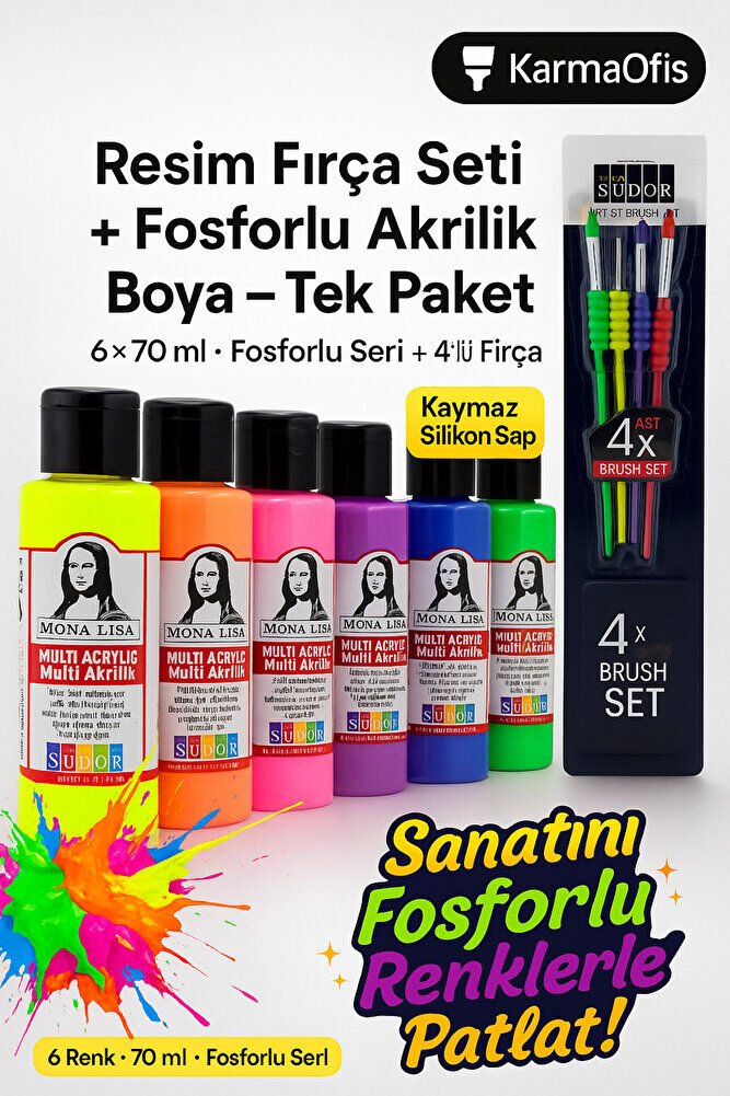 - Resim Fırça Seti Silikon Saplı 4’lü + Multi Akrilik Fosforlu Boya Seti 6×70 ml