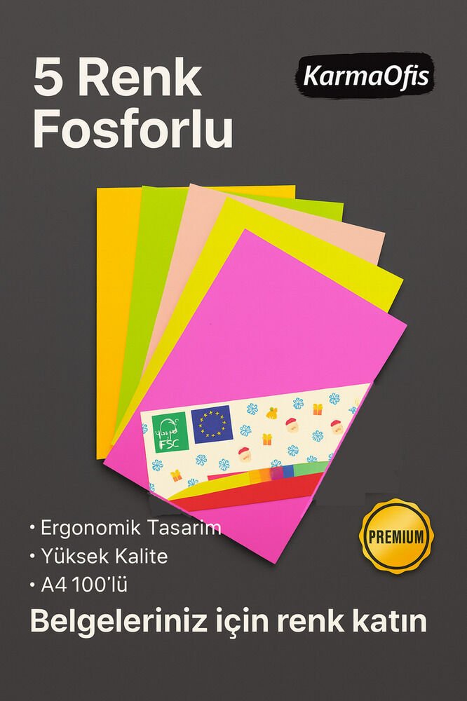 5 Renk Fosforlu A4 Fotokopi Kağıdı 100'lü | Yüksek Kalite