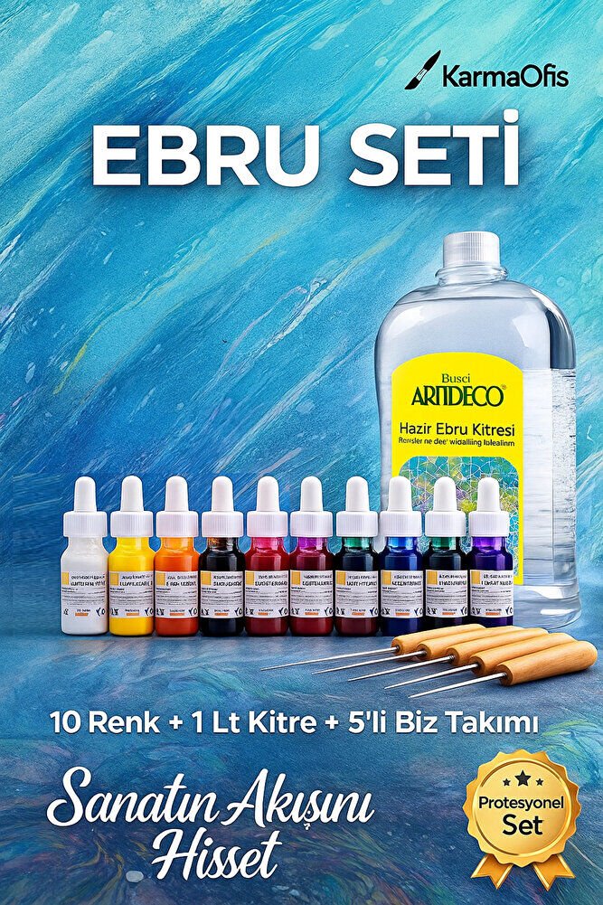 Profesyonel Ebru Seti 2 – 10 Renk Damlalıklı Boya + 1 Lt Kitre + 5’li Biz Takımı
