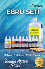 Profesyonel Ebru Seti 2 – 10 Renk Damlalıklı Boya + 1 Lt Kitre + 5’li Biz Takımı