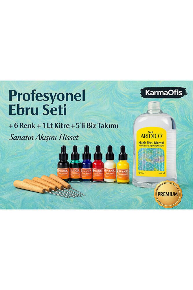 Profesyonel Ebru Seti-2 | 6 Renk Damlalıklı Boya + 1 Lt Kitre + 5’li Biz Takımı