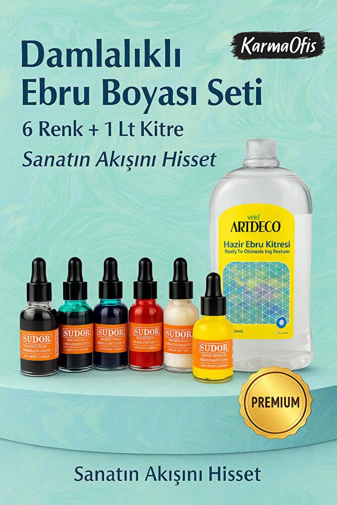 6 Renk Damlalıklı Ebru Boyası + 1 Lt Kitre
