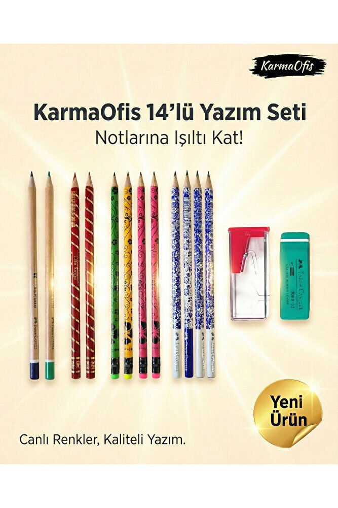 14’lü Yazım Seti (Set 1)– Renkli Kalem Seti, Silgi + Kalemtıraş, Okul & Ofis İçin