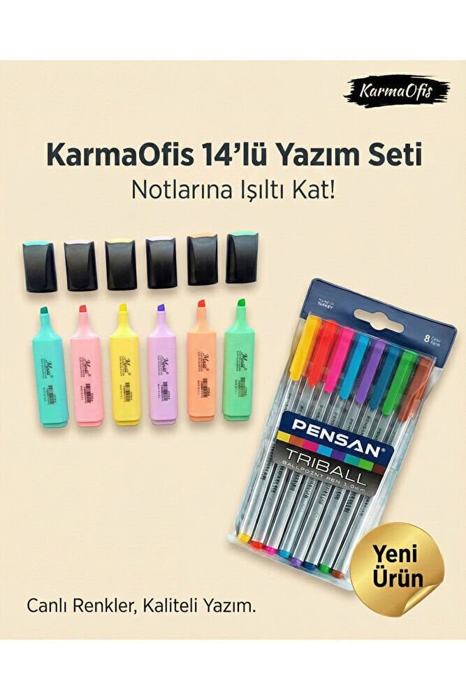 14 Parça Yazım ve İşaretleme Seti - 6'lı Masis Pastel Fosforlu & 8'li Pensan Renkli Kalem