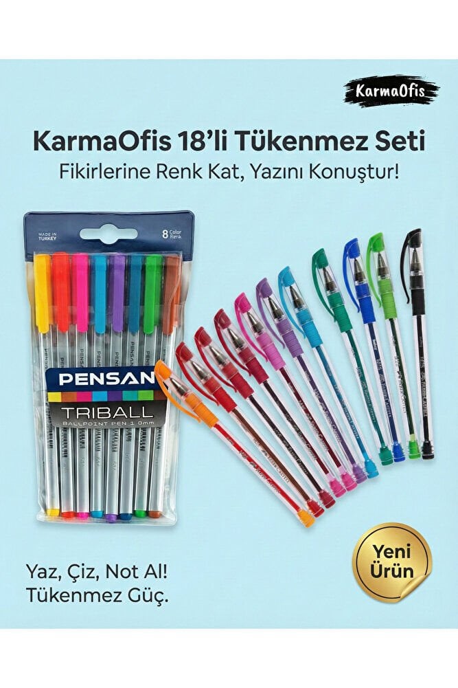 18'li Renkli Tükenmez Kalem Seti